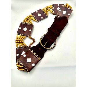 Steve Madden Brown Leather Wood Bead Shell Inlay Boho Belt XL SM30761 Wide Suede